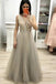 Chic Deep V Neck Long Prom Dress with Beading, A Line Tulle Long Graduation Dress TD65