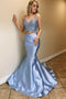 Sexy Lace Top Blue Two Pieces Spaghetti Straps Prom Dresses Mermaid Party Dresses TD86