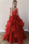 Princess A Line Spaghetti Straps Red V Neck Tulle Prom Dresses, Sequins Prom Dresses PD157