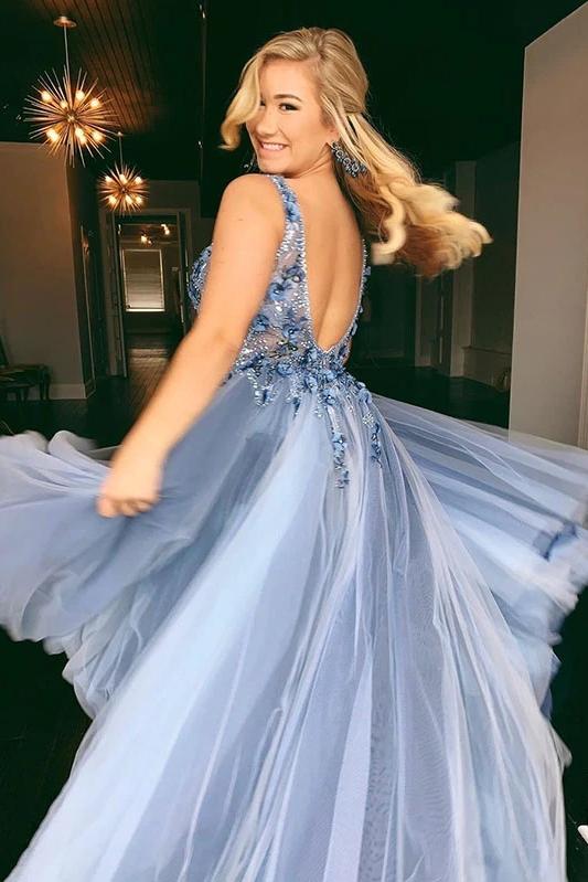 A-line blue floral embellished v-neck long formal prom dresses mg144