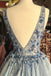 A-line blue floral embellished v-neck long formal prom dresses mg144