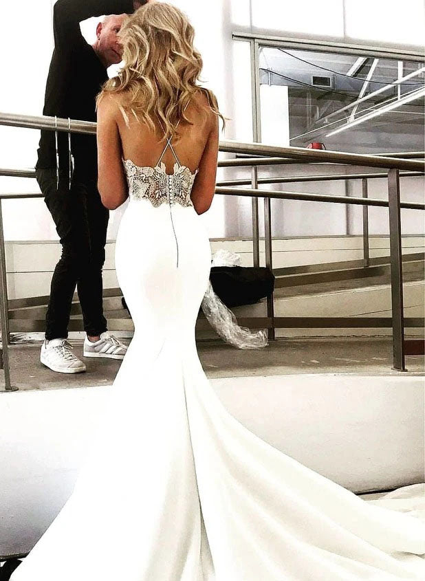 Deep V Neck Spaghetti Straps Ivory Lace Backless Mermaid Prom Dress, Wedding Dresses SK13