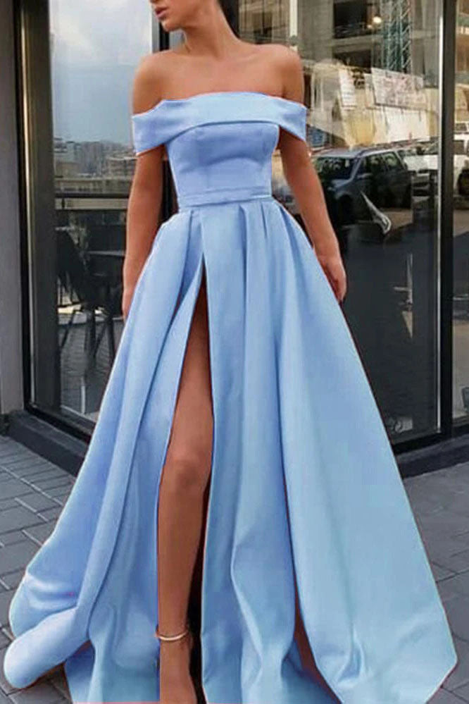Simple A Line Off the Shoulder Satin High Slit Yellow Prom Dresses, Party Dresses OM0005