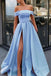 Simple A Line Off the Shoulder Satin High Slit Yellow Prom Dresses, Party Dresses OM0005