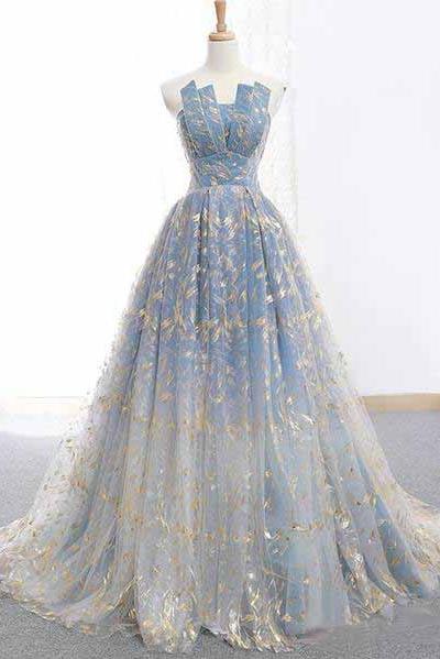 Blue and Gold Lace Ball Gown Prom Dresses, Sweet 16 Princess Quinceanera Dress PDH63