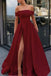 Simple A Line Off the Shoulder Satin High Slit Yellow Prom Dresses, Party Dresses OM0005