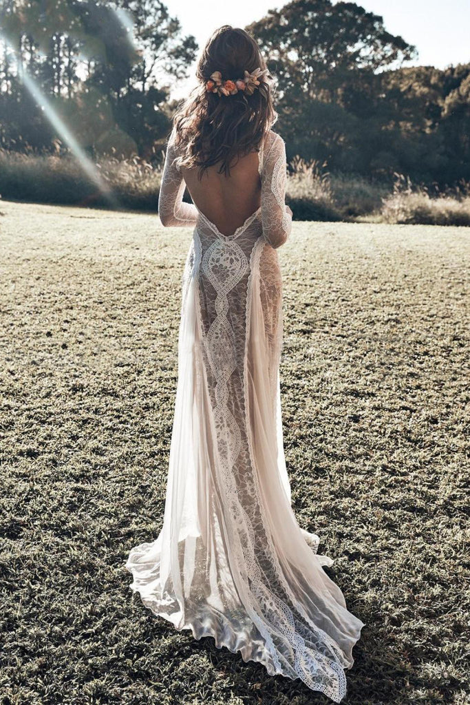 Vintage A line Lace Long Sleeves Backless Beach Wedding Dresses with Appliques OW0018