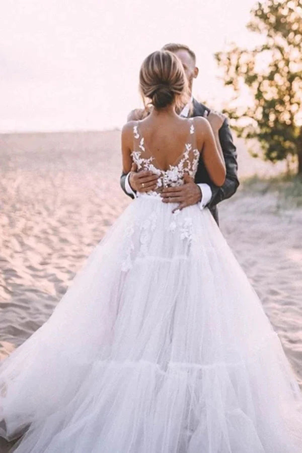 Ball Gown Lace V Neck Layered Tulle Backless Wedding Dresses with Lace Appliques OW0078