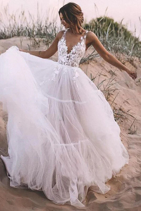 Ball Gown Lace V Neck Layered Tulle Backless Wedding Dresses with Lace Appliques OW0078