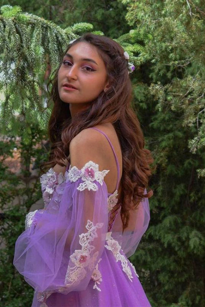 Lilac A line Long Sleeves Spaghetti Straps Prom Dresses with Side Slit, Appliques Dance Dress OM0149
