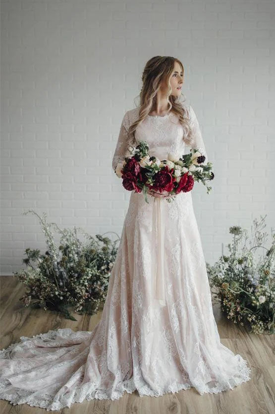 Charming A line Long Sleeve Ivory Lace Wedding Dresses, Round Neck Bridal Dresses OW0088