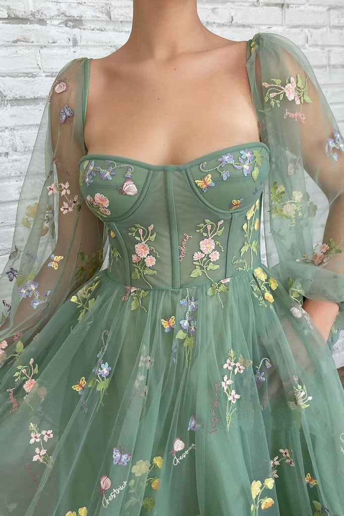 Elegant A line Tulle Half Sleeves Embroidery V Neck Long Prom Evening Dress With Appliques OM0179