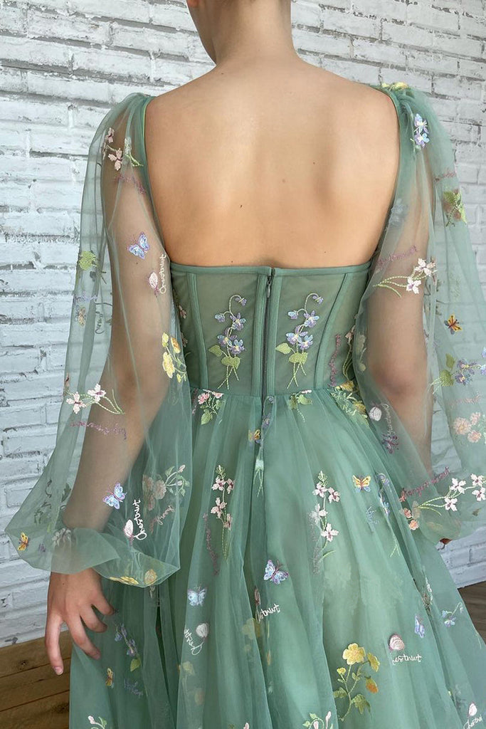 Elegant A line Tulle Half Sleeves Embroidery V Neck Long Prom Evening Dress With Appliques OM0179