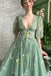 Elegant A line Tulle Half Sleeves Embroidery V Neck Long Prom Evening Dress With Appliques OM0179