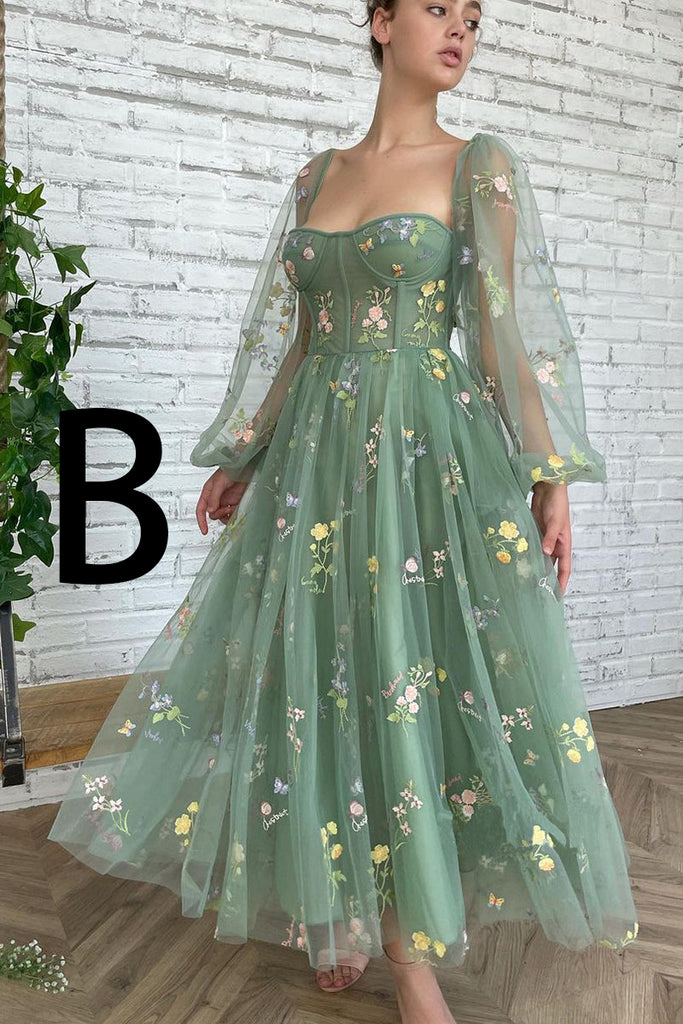 Elegant A line Tulle Half Sleeves Embroidery V Neck Long Prom Evening Dress With Appliques OM0179