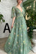 Elegant A line Tulle Half Sleeves Embroidery V Neck Long Prom Evening Dress With Appliques OM0179