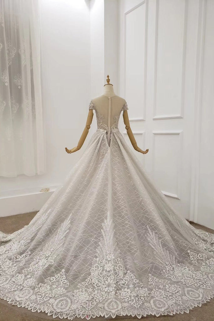 Cap sleeves sheer neckline beaded formal dresses with detachable train mg127