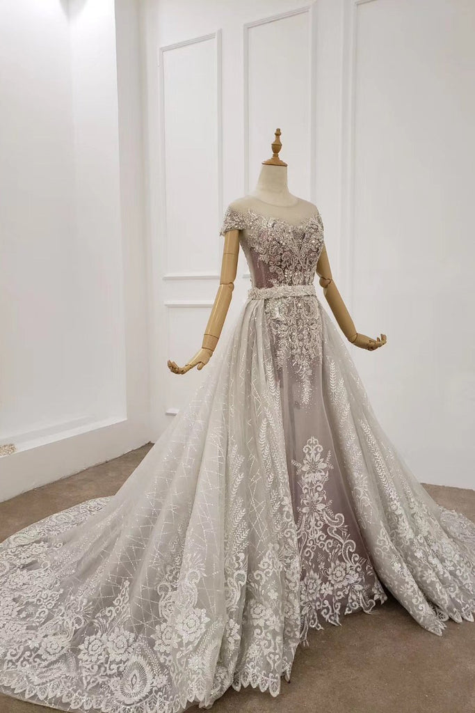 Elegant A Line Round Neck Sheer Neckline Beaded Formal Dresses With Detachable Train WD05