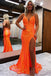 Sheath/Mermaid V Neck Spaghetti Straps V Neck Prom Dress With Appliques, Evening Dress OM0351