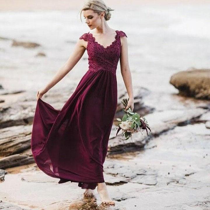 Mismatched A-Line Long Burgundy Cheap Chiffon Bridesmaid Dress with Lace PDG63
