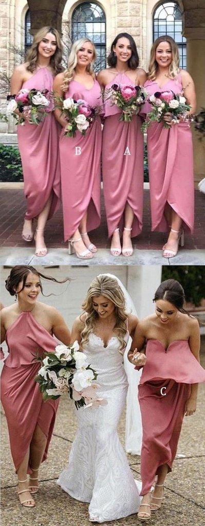 Modest Pink High Low Long Bridesmaid Dress with Ruffles PDG62