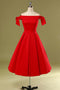 Simple A Line Red Off the Shoulder Satin Knee Length Homecoming Dresses, Short Prom Dress SK32