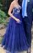 A Line Navy Blue Appliques Long Prom Dresses, Popular Sweetheart Tulle Evening Dresses OM0336