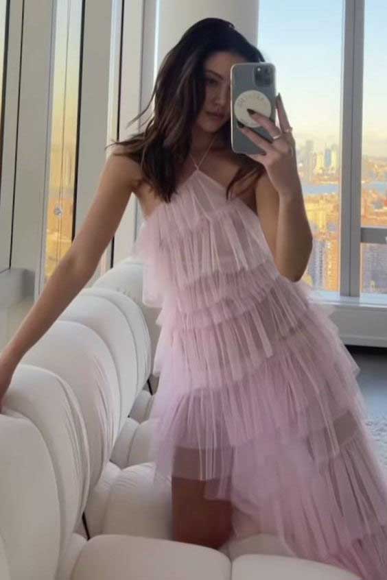 New Style Halter Layered Tulle Pink Prom Dresses, Long Bridesmaid Dresses OM0059