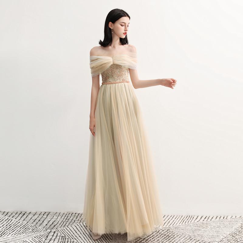 Charming Off the Shoulder A Line Tulle Long Prom Dresses With Beading PDG70