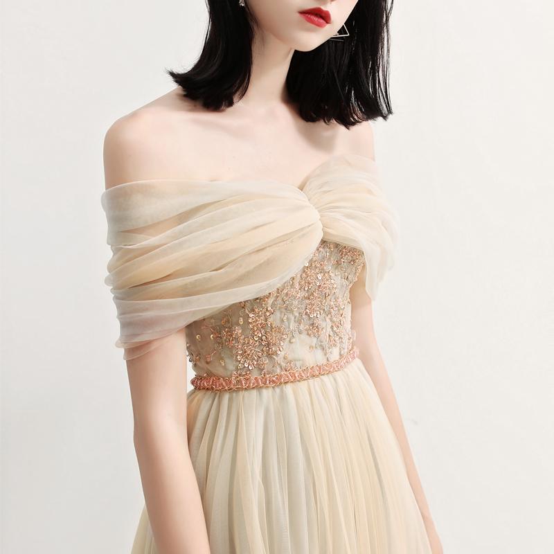 Charming Off the Shoulder A Line Tulle Long Prom Dresses With Beading PDG70