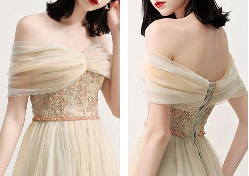 Charming Off the Shoulder A Line Tulle Long Prom Dresses With Beading PDG70