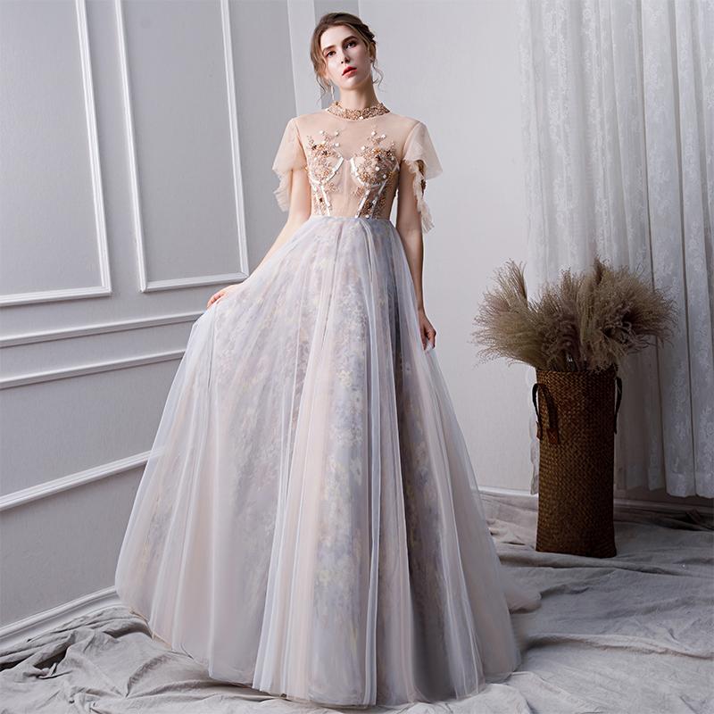 Gray A Line High Neck Short Sleeves Prom Dresses With Beads PDL26