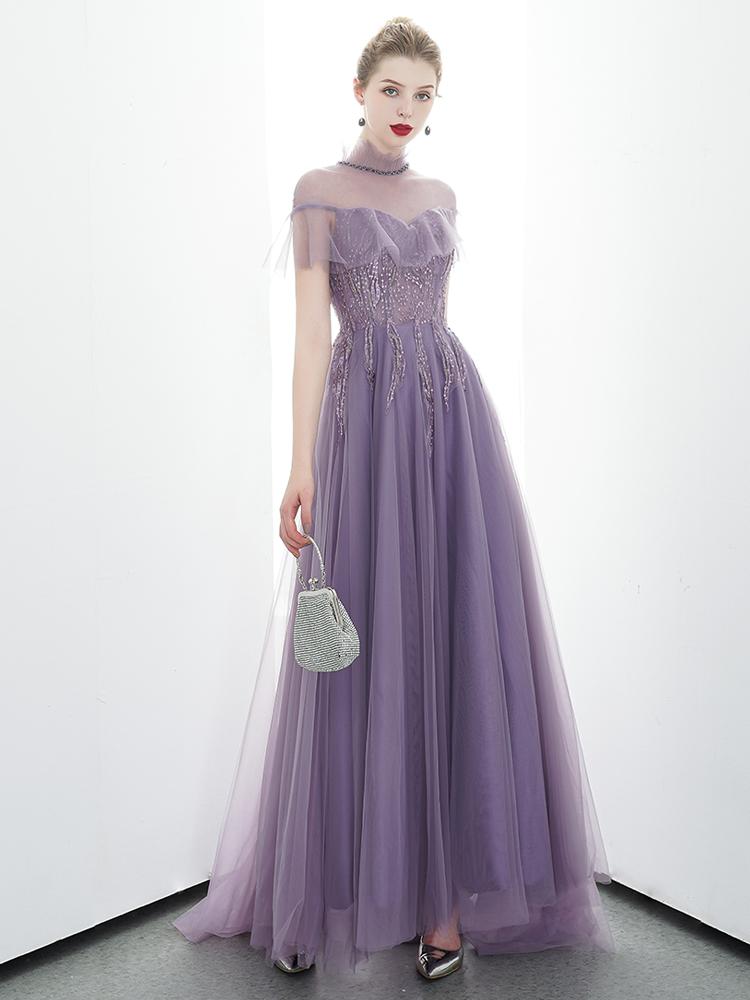 A-line Tulle Long High Neck Purple Prom Dresses With Ruffles Formal Evening Dress PDR86
