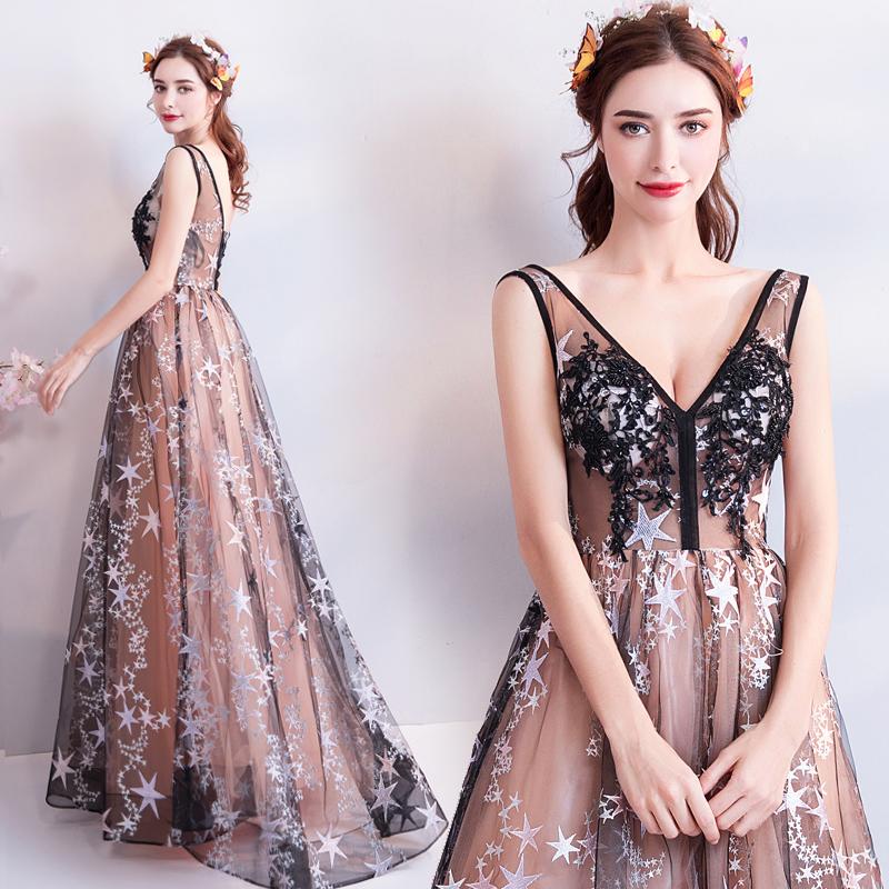 A Line V Neck Appliques Long Prom Dress With Stars Evening Dresses PDQ71