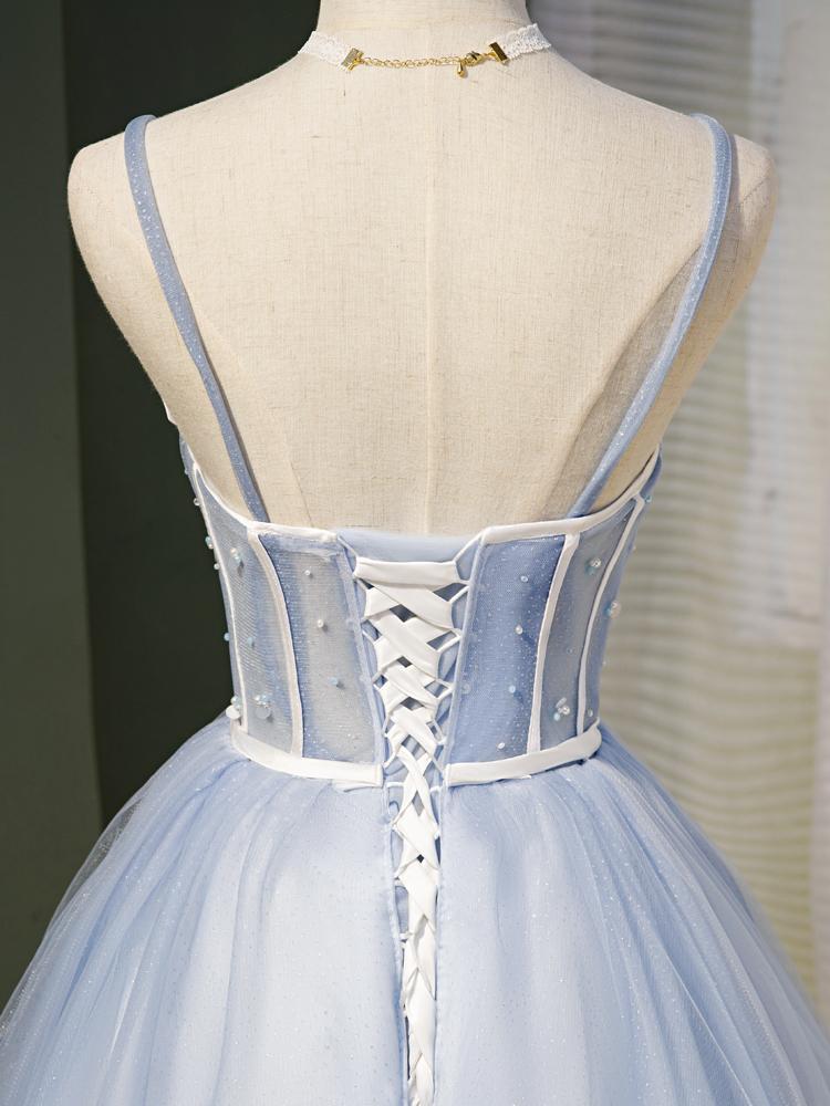 Light Blue A Line Spaghetti Straps Tulle Short Homecoming Dresses PDN49
