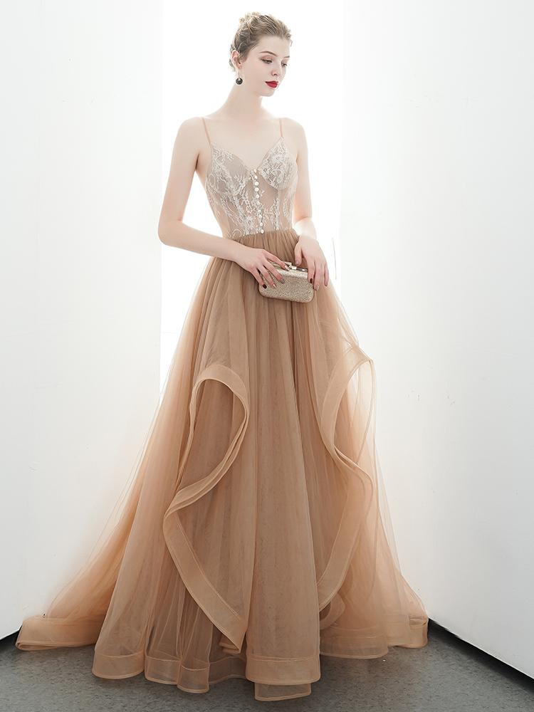 A-line Spaghetti Straps Tulle Long Lace Appliques Prom Dresses Formal Evening Dress PDR85
