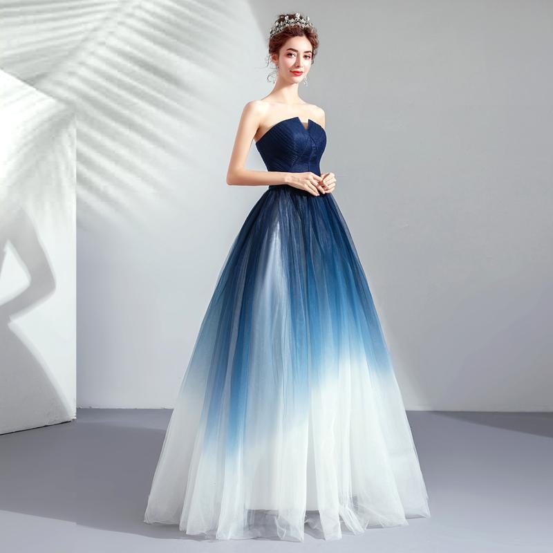 Strapless Ombre A Line  Tulle Prom Dress Long Formal Dresses PDQ74