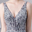 A Line V Neck Tulle Navy Blue Long Prom Dresses With Beading PDL29