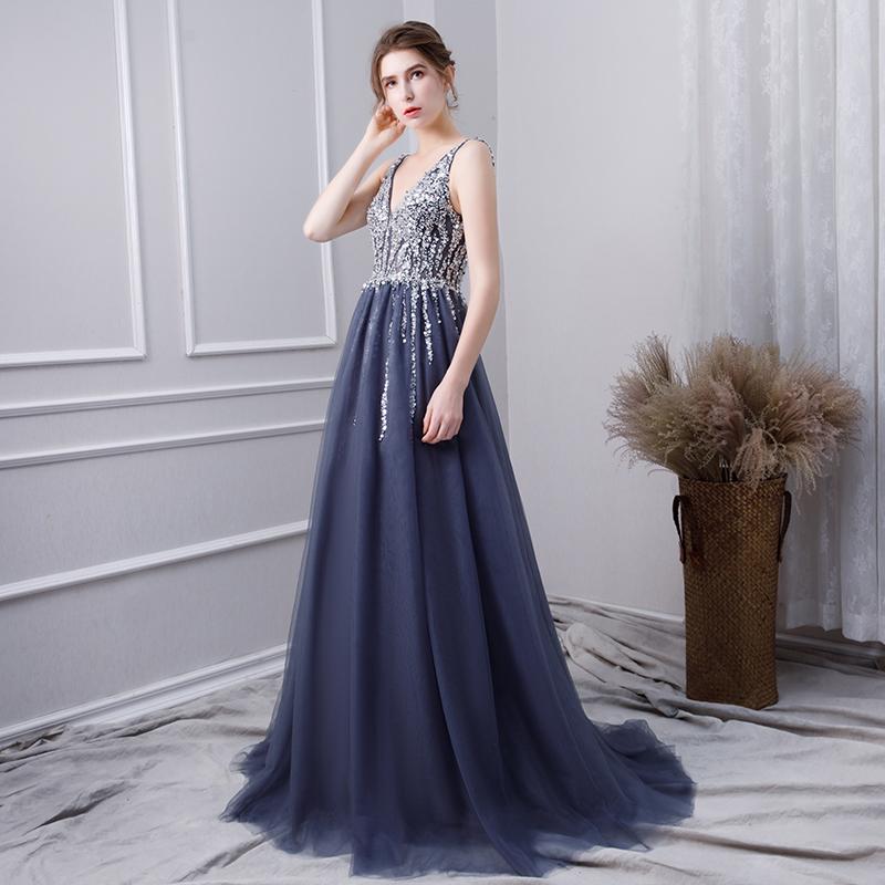 A Line V Neck Tulle Navy Blue Long Prom Dresses With Beading PDL29