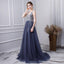 A Line V Neck Tulle Navy Blue Long Prom Dresses With Beading PDL29