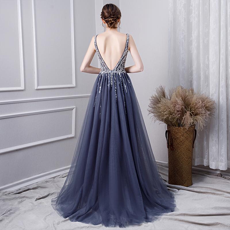 A Line V Neck Tulle Navy Blue Long Prom Dresses With Beading PDL29