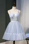 Light Blue A Line Spaghetti Straps Tulle Short Homecoming Dresses PDN49
