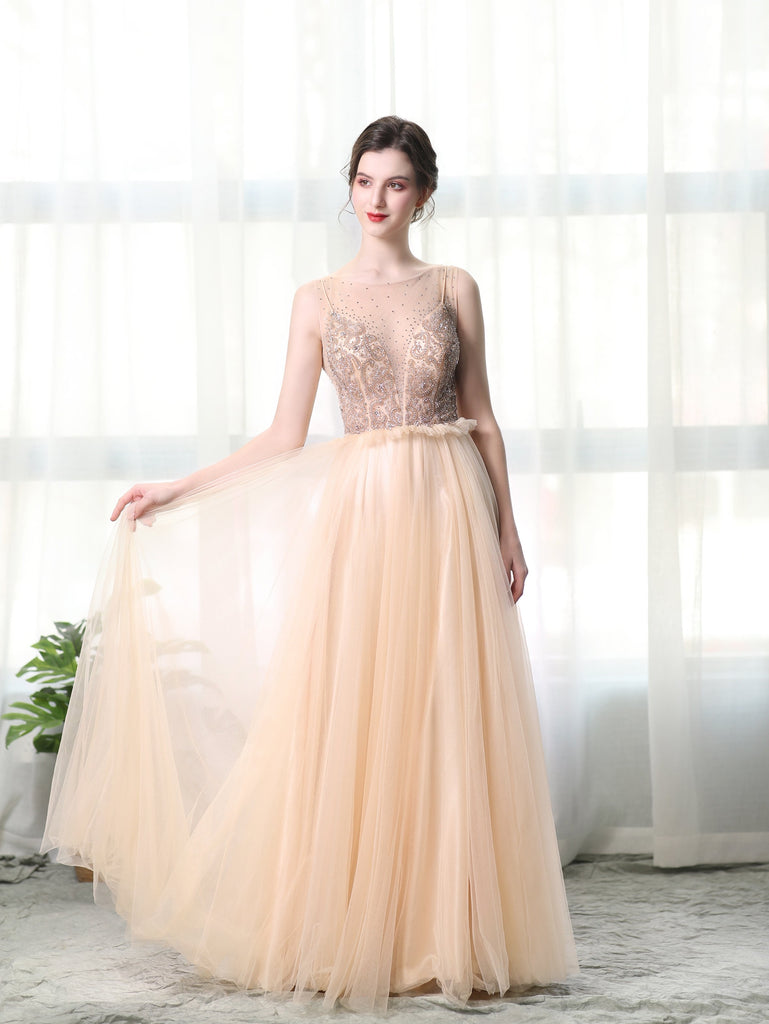 A Line Bateau Tulle Long Prom Dresses With Beads PDL27