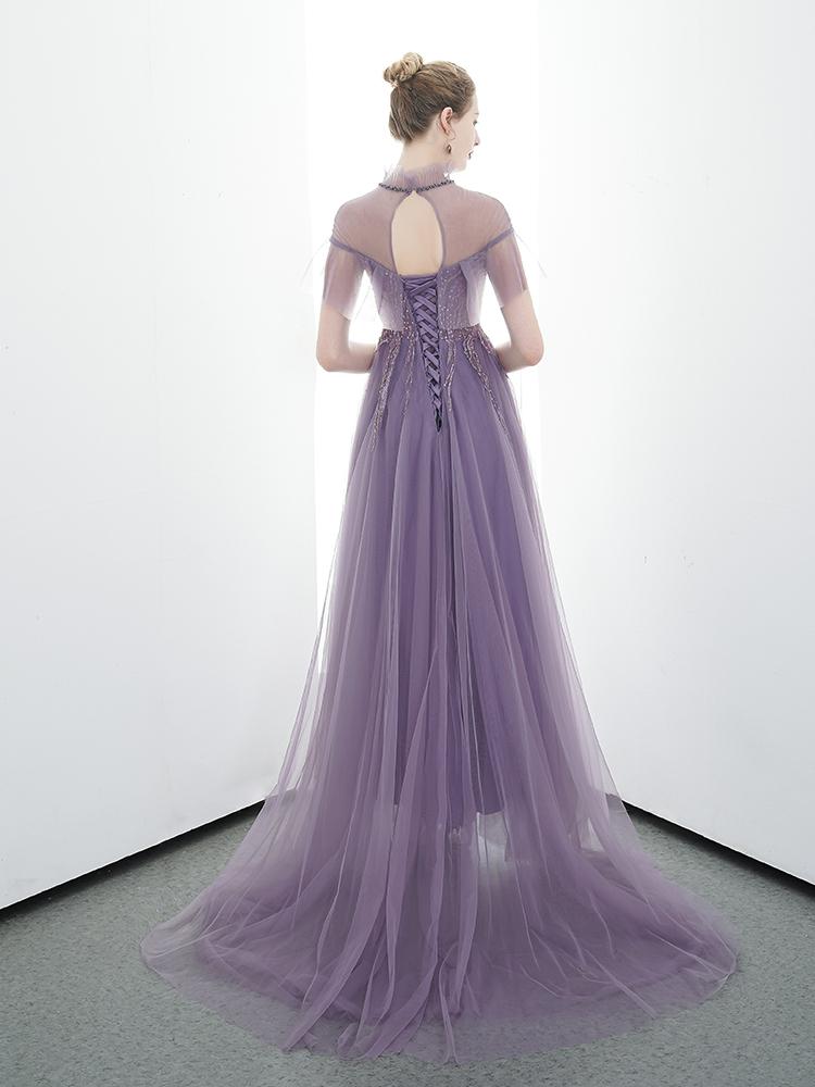 A-line Tulle Long High Neck Purple Prom Dresses With Ruffles Formal Evening Dress PDR86