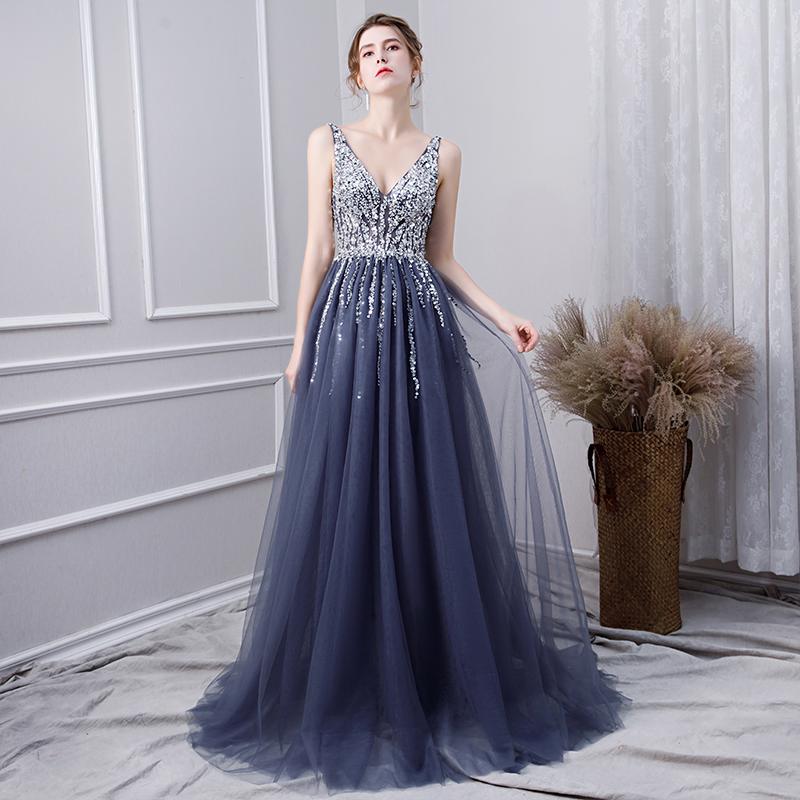 A Line V Neck Tulle Navy Blue Long Prom Dresses With Beading PDL29