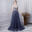 A Line V Neck Tulle Navy Blue Long Prom Dresses With Beading PDL29