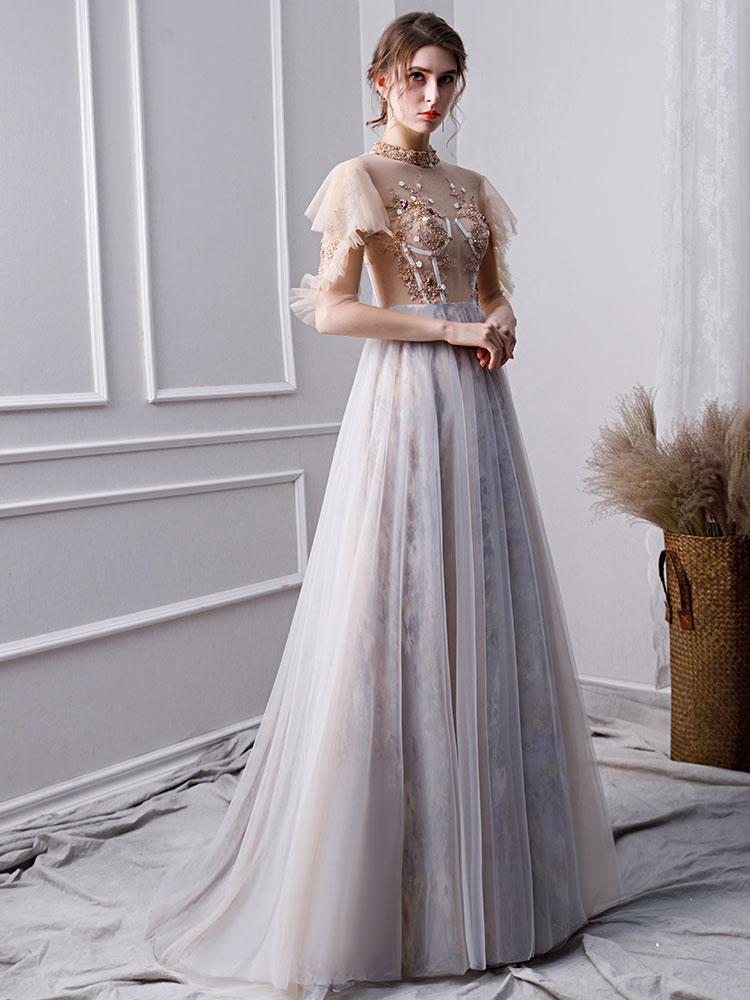Gray A Line High Neck Short Sleeves Prom Dresses With Beads PDL26