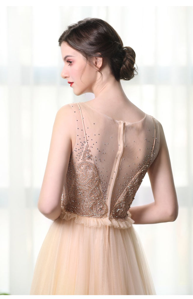 A Line Bateau Tulle Long Prom Dresses With Beads PDL27