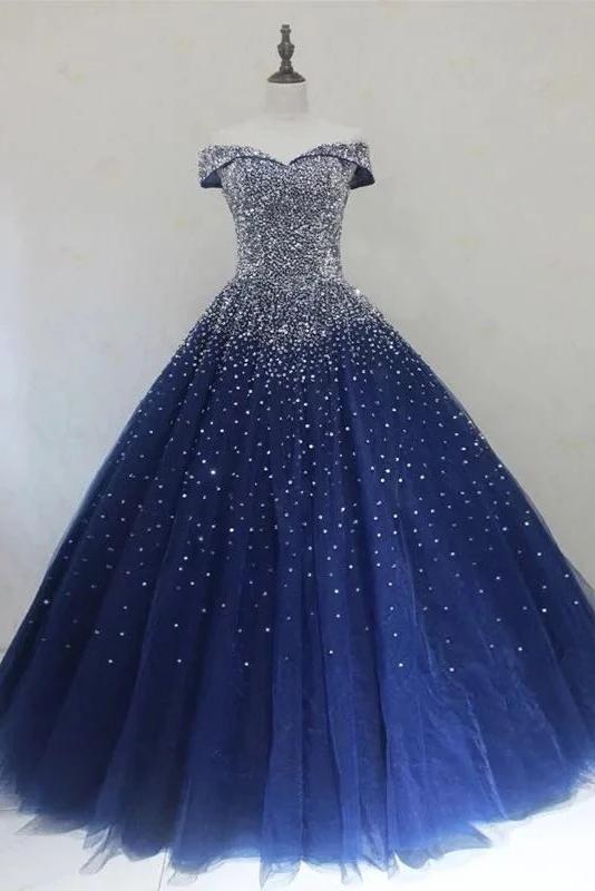 Sparkly off-shoulder ball gown prom dresses beaded evening dress mg282
