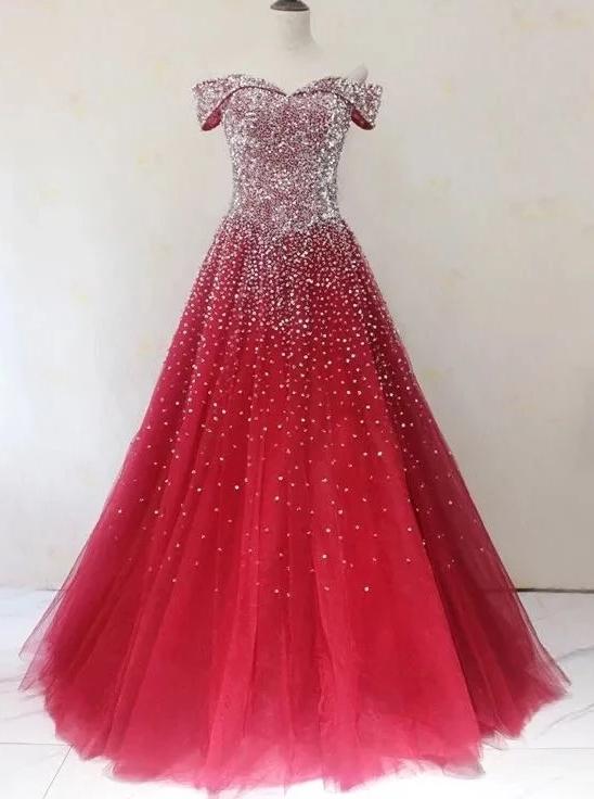 Sparkly off-shoulder ball gown prom dresses beaded evening dress mg282